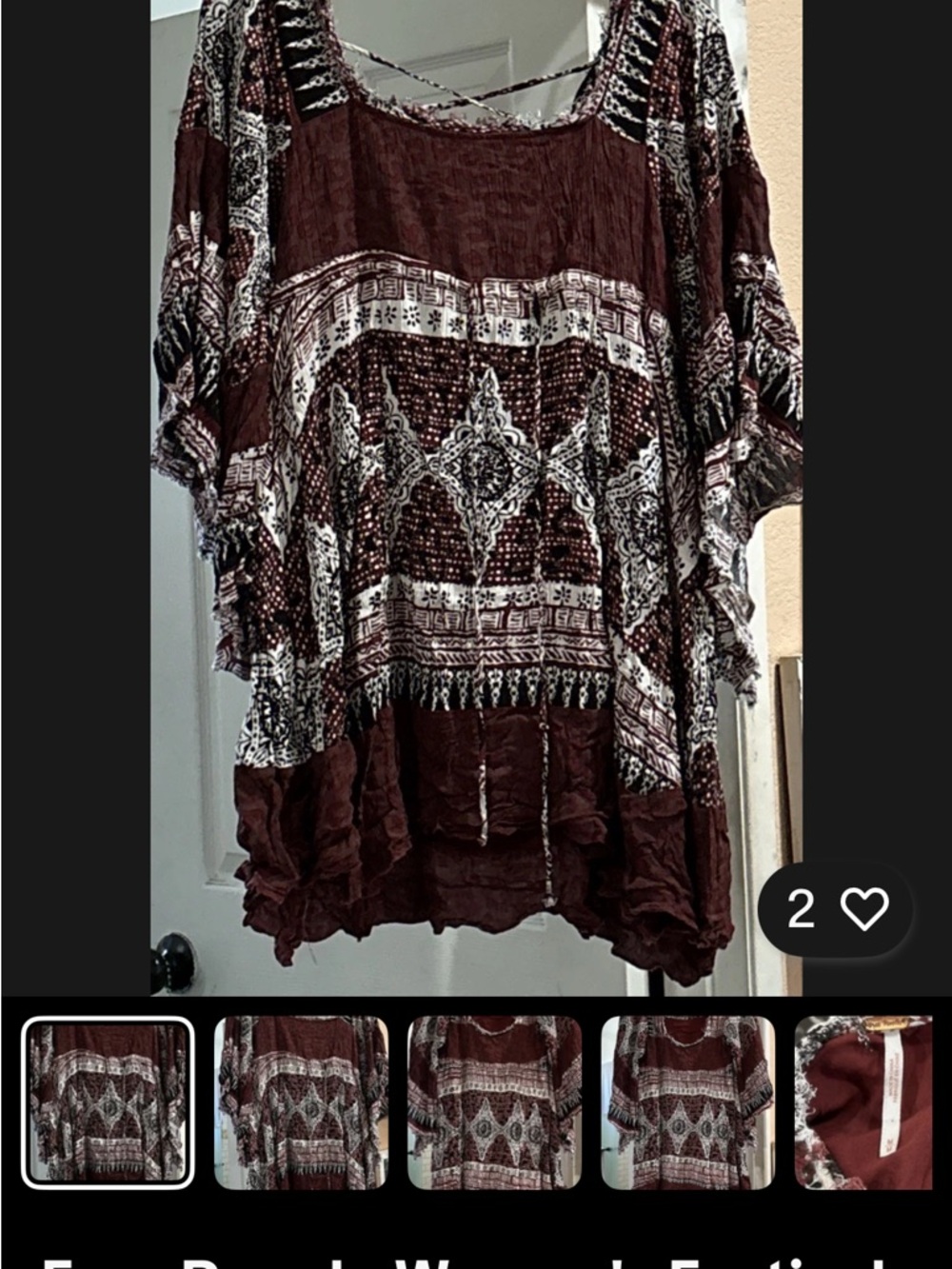 Free People Bohemian Burgundy and White Mini Festival Dress